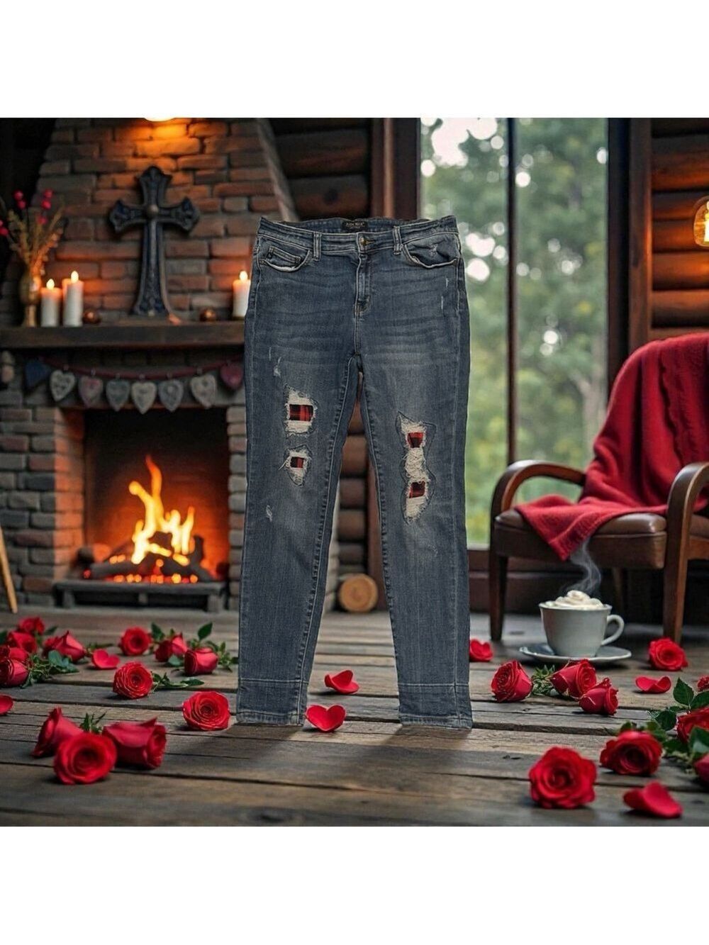 Judy Blue Skinny Fit Jeans Womens Junior 13/31 Blue Distressed Red Plaid Patches